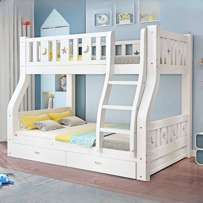 Modern White Wooden Bunk Bed with Ladder and 2 Mattresses