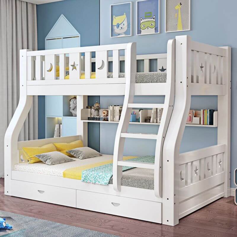 Modern White Wooden Bunk Bed with Ladder and 2 Mattresses