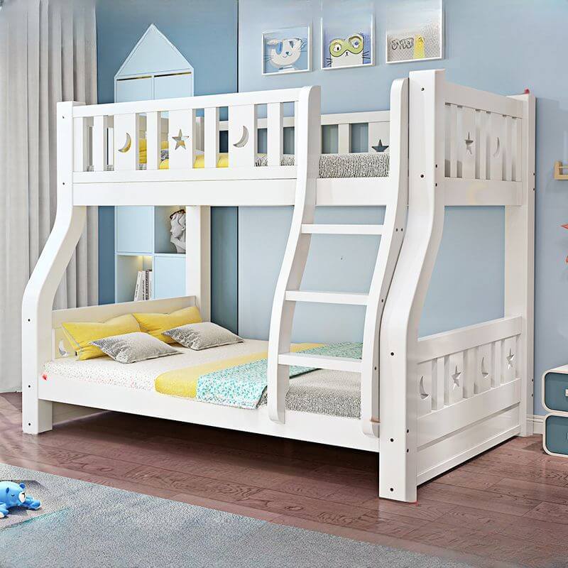 Modern White Wooden Bunk Bed with Ladder and 2 Mattresses