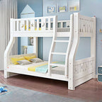 Modern White Wooden Bunk Bed with Ladder and 2 Mattresses