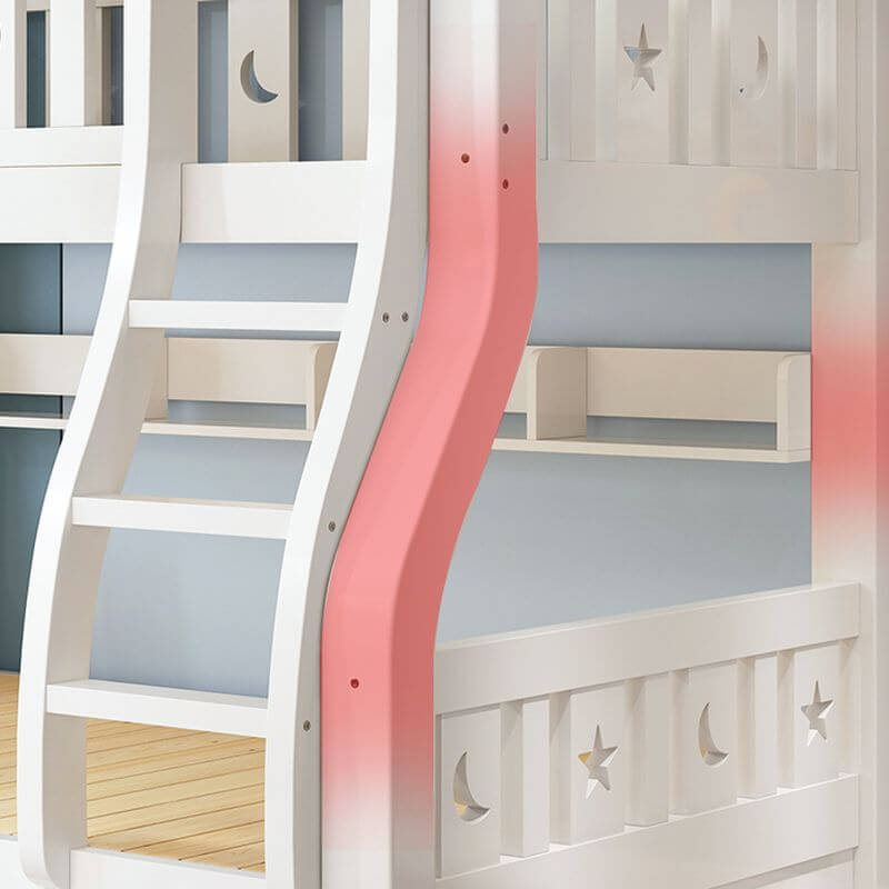 Modern White Wooden Bunk Bed with Ladder and 2 Mattresses