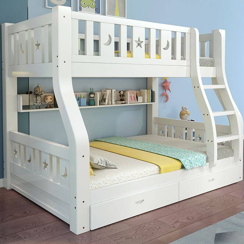 Modern White Wooden Bunk Bed with Ladder and 2 Mattresses Main Product Image Main image