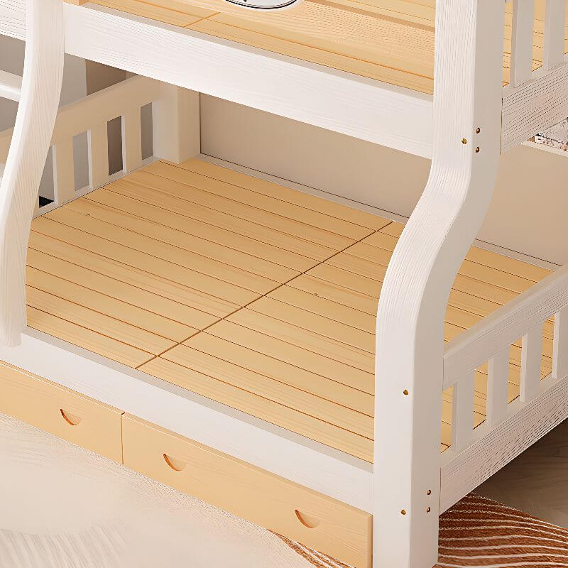 Modern White Wooden Bunk Bed with Ladder and Two Mattresses