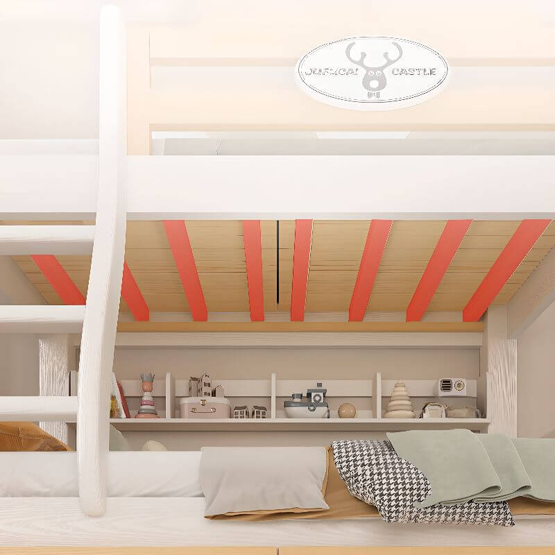 Modern White Wooden Bunk Bed with Ladder and Two Mattresses