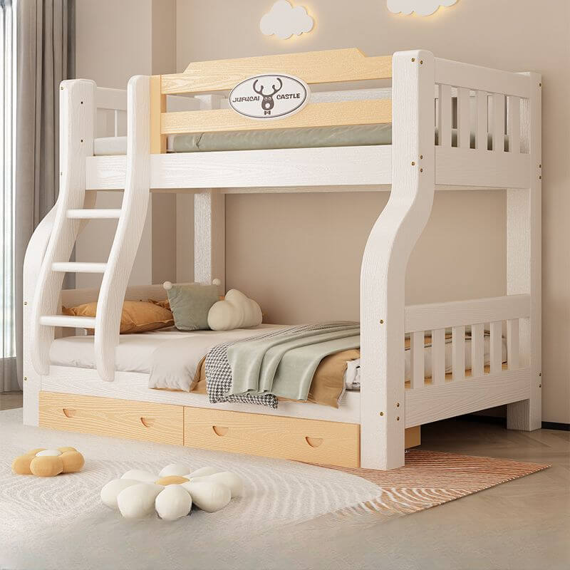 Modern White Wooden Bunk Bed with Ladder and Two Mattresses