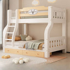 Modern White Wooden Bunk Bed with Ladder and Two Mattresses