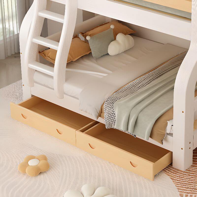 Modern White Wooden Bunk Bed with Ladder and Two Mattresses
