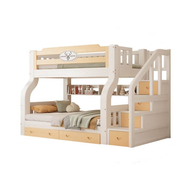 Modern White Wooden Bunk Bed with Ladder and Two Mattresses
