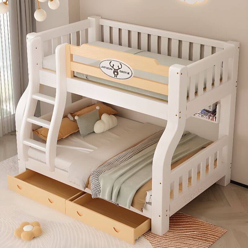 Modern White Wooden Bunk Bed with Ladder and Two Mattresses