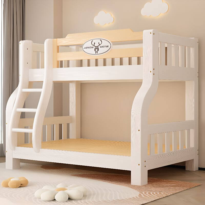 Modern White Wooden Bunk Bed with Ladder and Two Mattresses