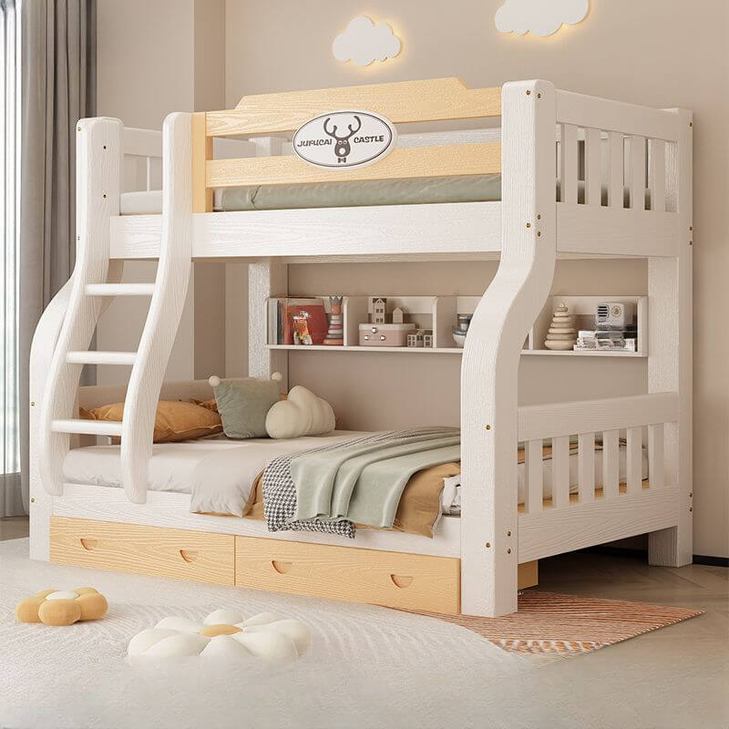 Modern White Wooden Bunk Bed with Ladder and Two Mattresses