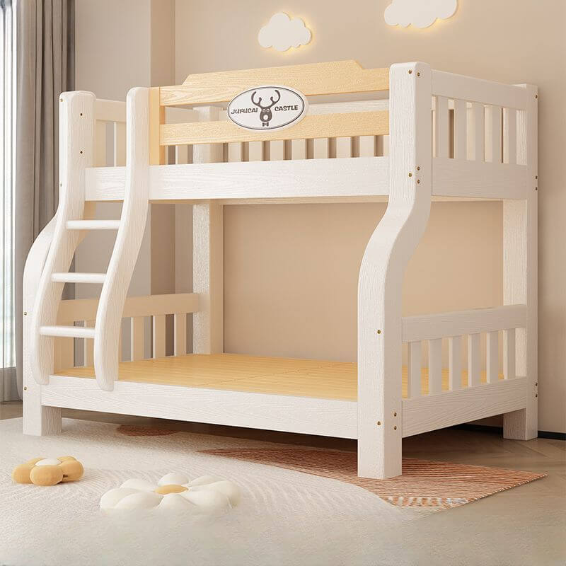 Modern White Wooden Bunk Bed with Ladder and Two Mattresses