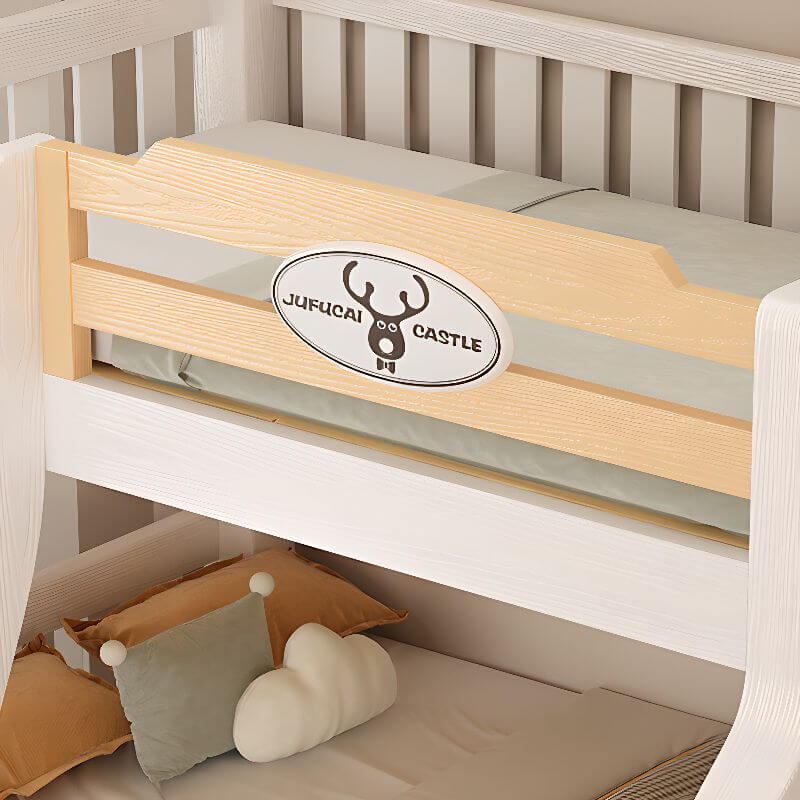 Modern White Wooden Bunk Bed with Ladder and Two Mattresses