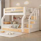 Modern White Wooden Bunk Bed with Ladder and Two Mattresses