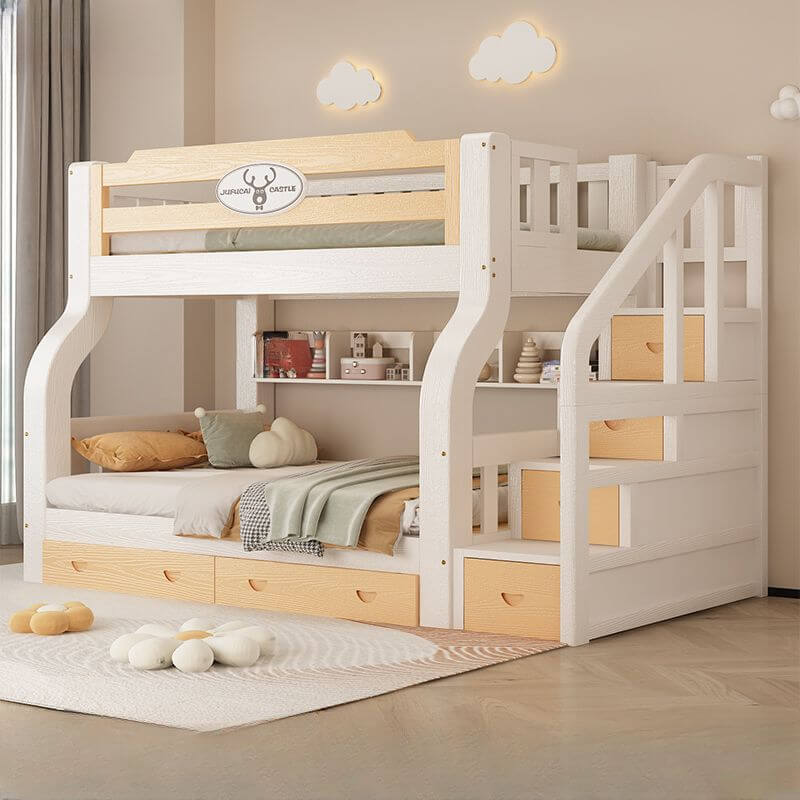 Modern White Wooden Bunk Bed with Ladder and Two Mattresses