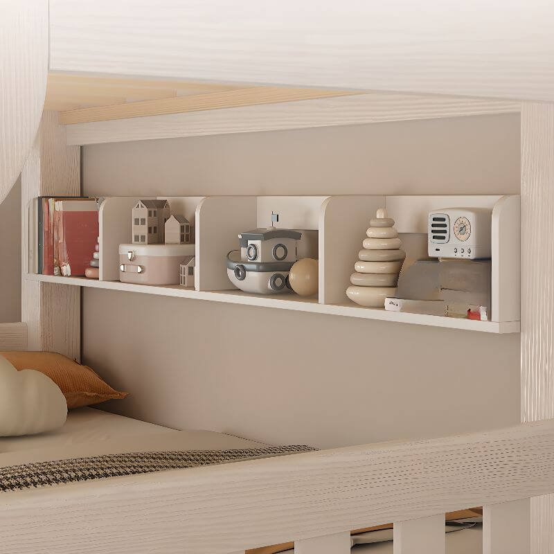 Modern White Wooden Bunk Bed with Ladder and Two Mattresses