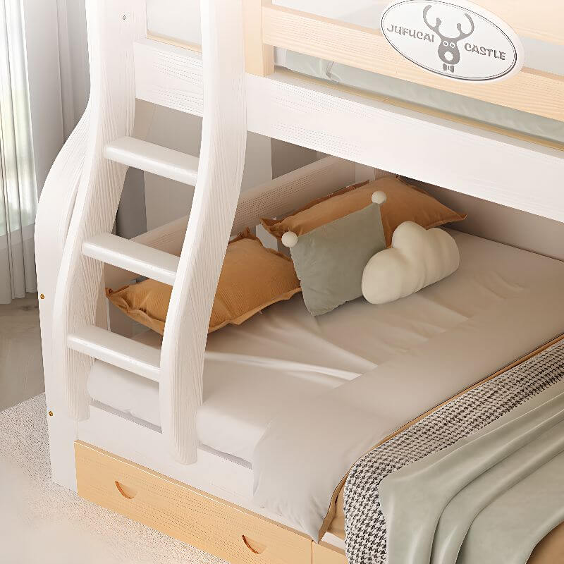 Modern White Wooden Bunk Bed with Ladder and Two Mattresses