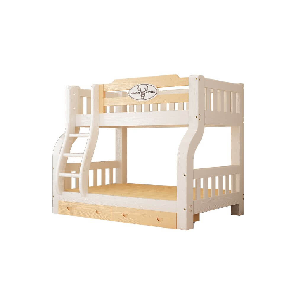 Modern White Wooden Bunk Bed with Ladder and Two Mattresses