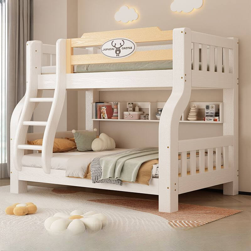 Modern White Wooden Bunk Bed with Ladder and Two Mattresses