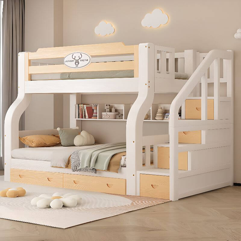 Modern White Wooden Bunk Bed with Ladder and Two Mattresses Main Product Image Main image