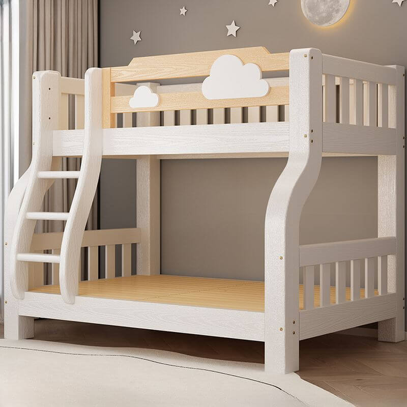 Modern White Wooden Bunk Bed with Ladder for Kids' Rooms