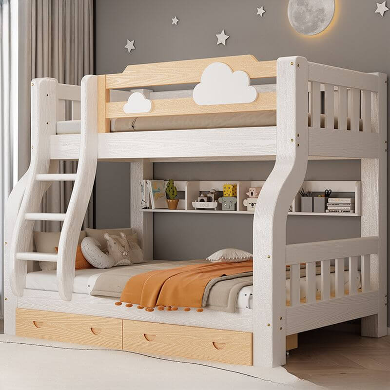 Modern White Wooden Bunk Bed with Ladder for Kids' Rooms