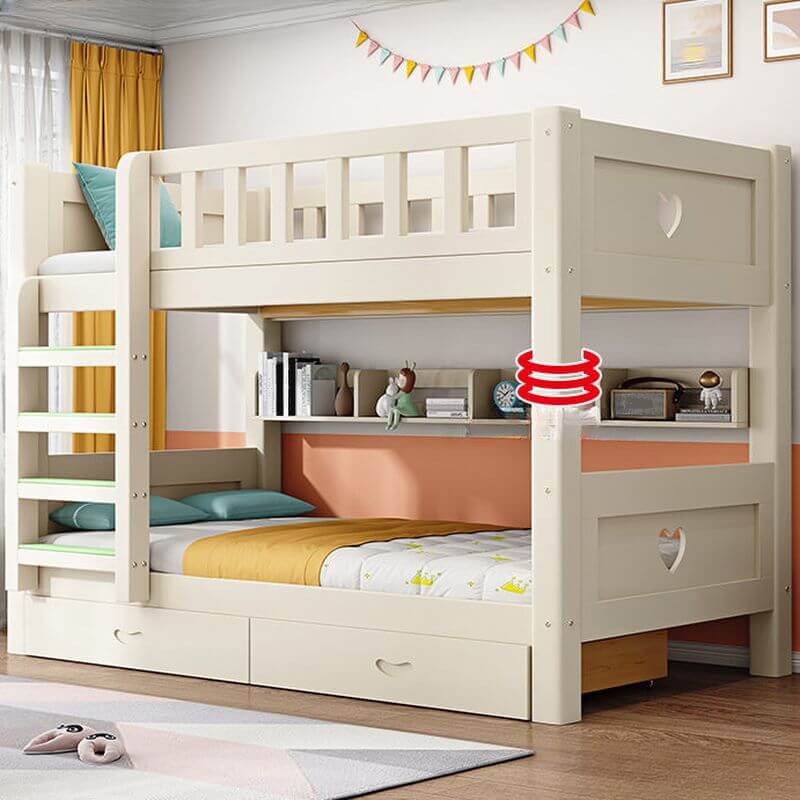 Modern White Wooden Kids Bunk Bed with Ladder and Mattress