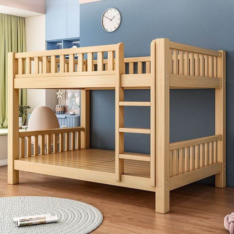 Modern Wood Bunk Bed with Bookshelf and Ladder