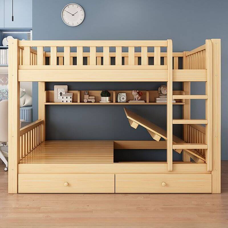 Modern Wood Bunk Bed with Bookshelf and Ladder