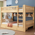 Modern Wood Bunk Bed with Bookshelf and Ladder