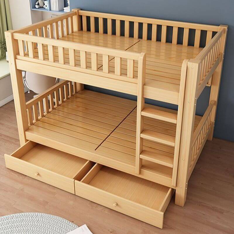 Modern Wood Bunk Bed with Bookshelf and Ladder