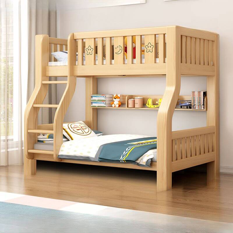 Modern Wood Bunk Bed with Bookshelf, Drawers & Ladder