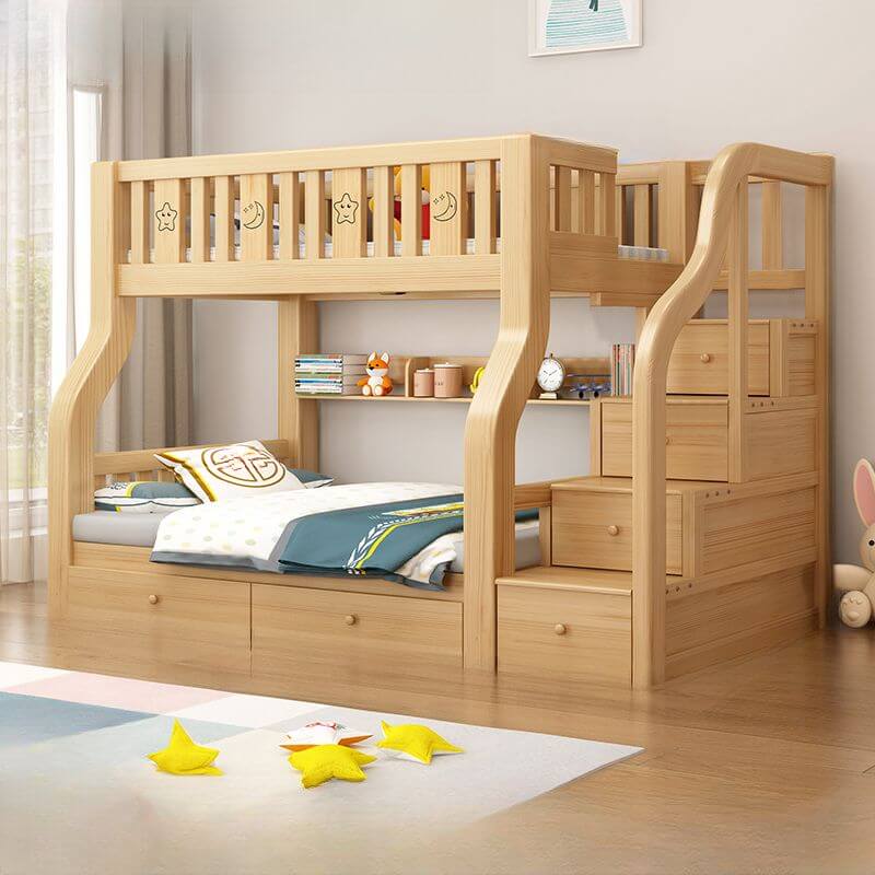 Modern Wood Bunk Bed with Bookshelf, Drawers & Ladder