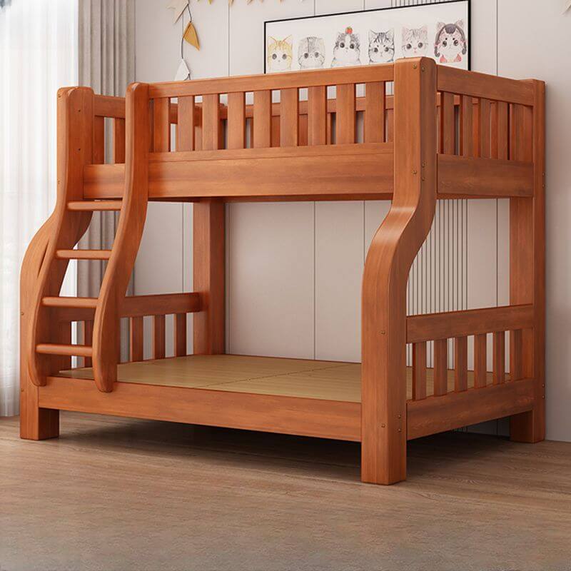 Modern Wood Bunk Bed with Ladder and Storage Features