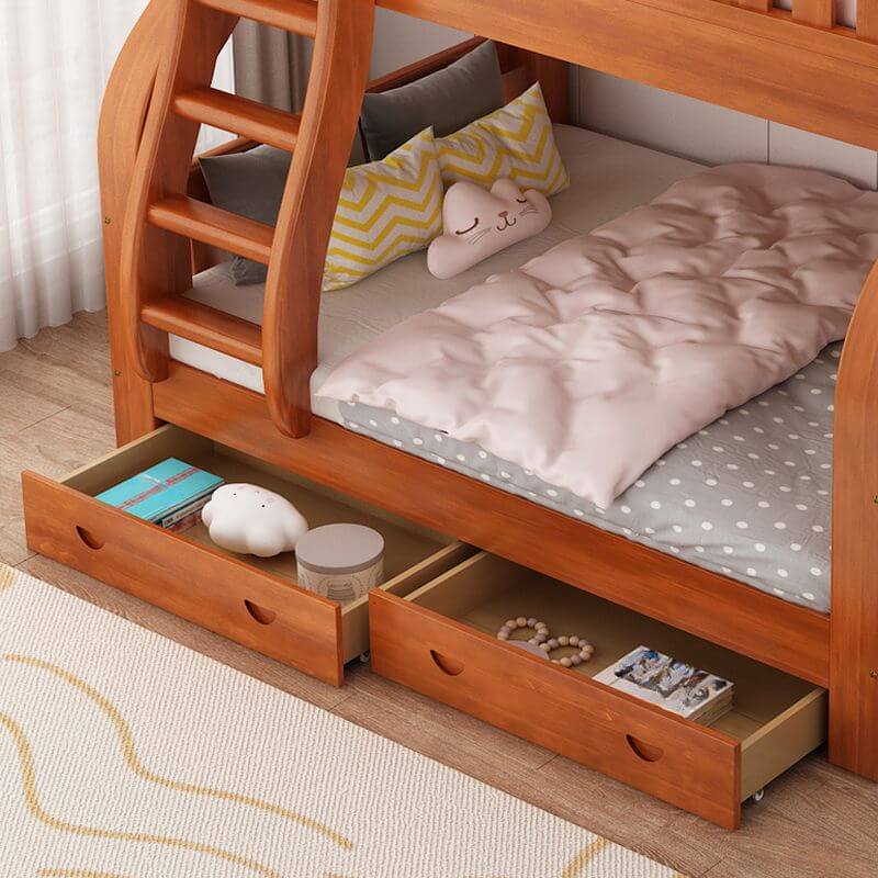 Modern Wood Bunk Bed with Ladder and Storage Features