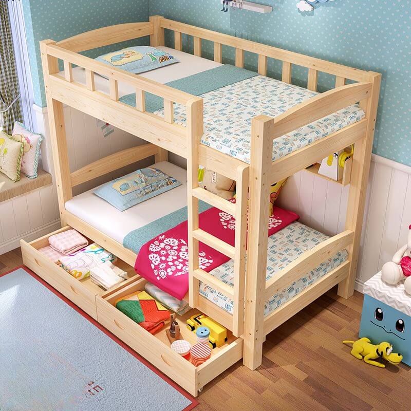 Modern Wood Bunk Bed with Ladder and Storage for Kids