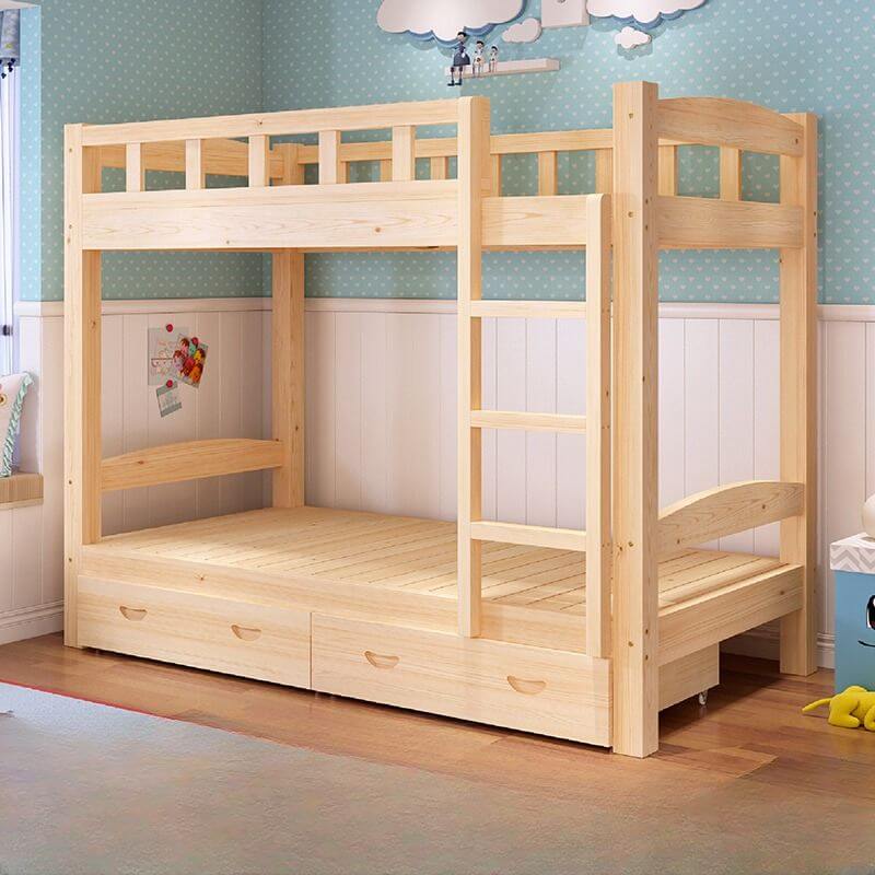 Modern Wood Bunk Bed with Ladder and Storage for Kids