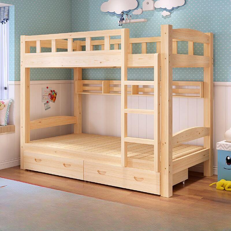 Modern Wood Bunk Bed with Ladder and Storage for Kids