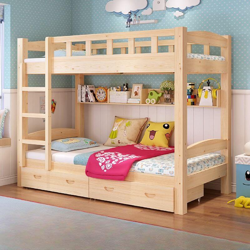Modern Wood Bunk Bed with Ladder and Storage for Kids
