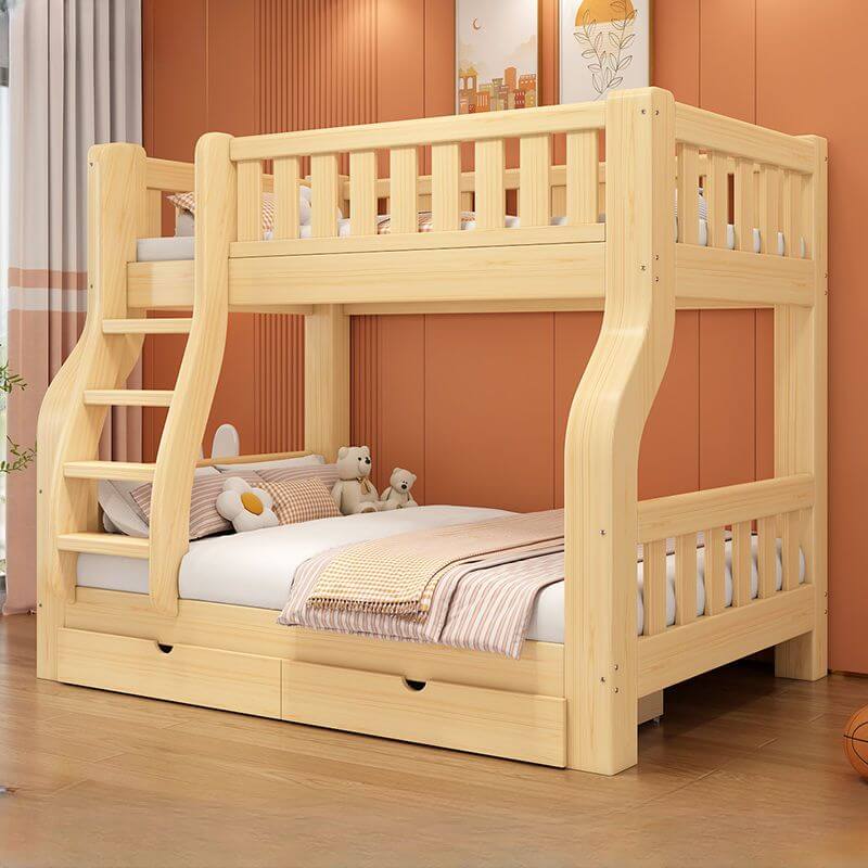 Modern Wood Bunk Bed with Ladder in Natural Finish