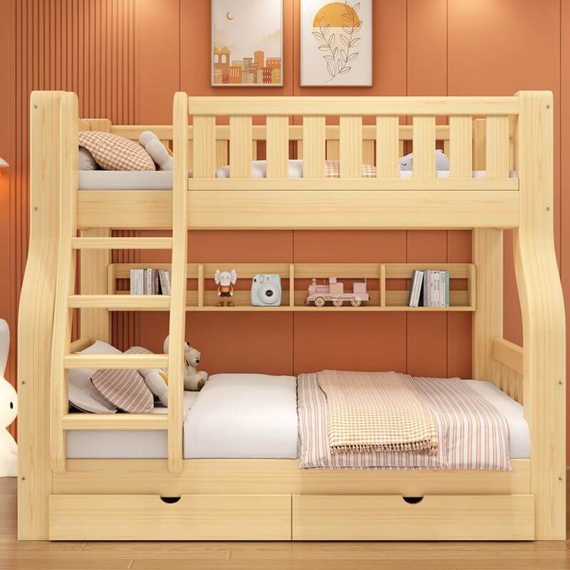 Modern Wood Bunk Bed with Ladder in Natural Finish