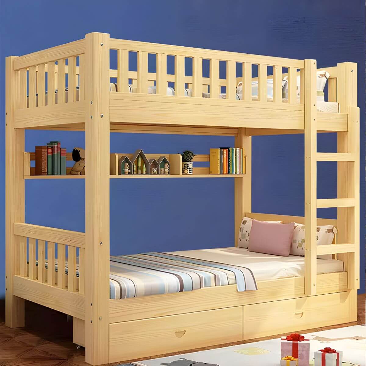 Modern Wood Bunk Bed with Ladder & Mattress, Natural Finish