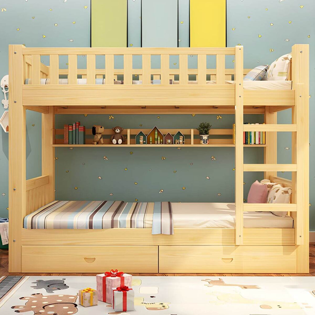 Modern Wood Bunk Bed with Ladder & Mattress, Natural Finish