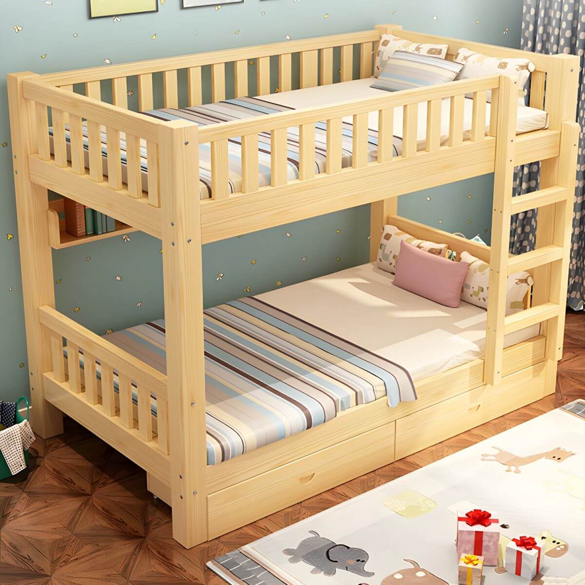 Modern Wood Bunk Bed with Ladder & Mattress, Natural Finish