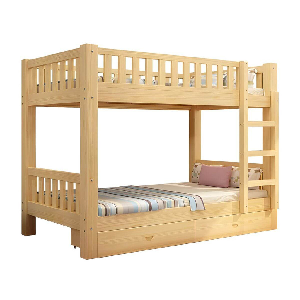 Modern Wood Bunk Bed with Ladder & Mattress, Natural Finish