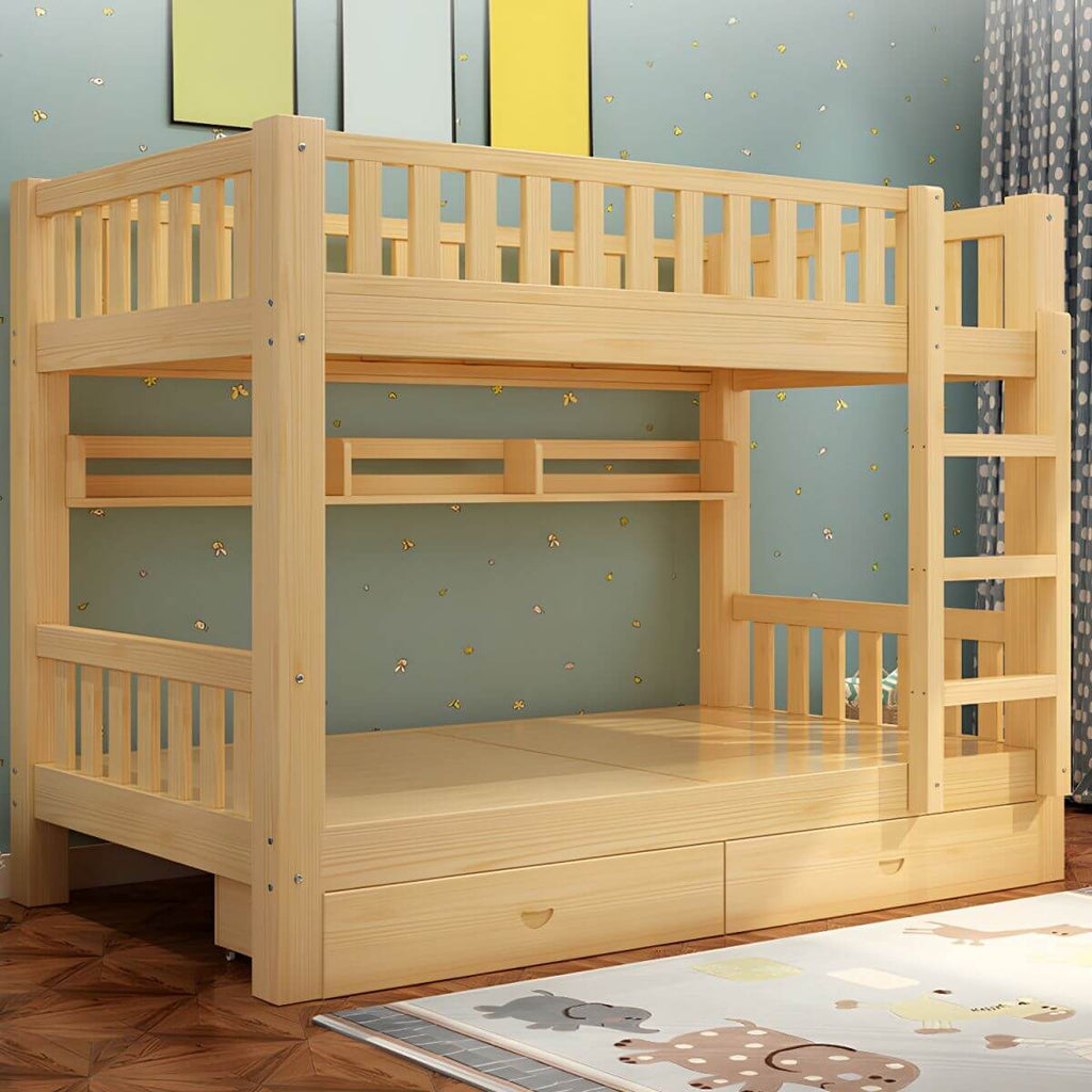 Modern Wood Bunk Bed with Ladder & Mattress, Natural Finish