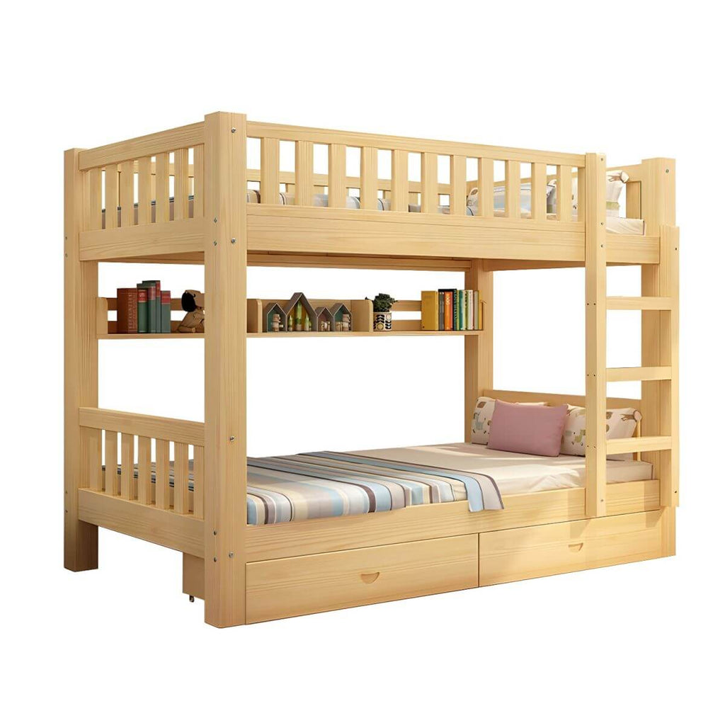 Modern Wood Bunk Bed with Ladder & Mattress, Natural Finish