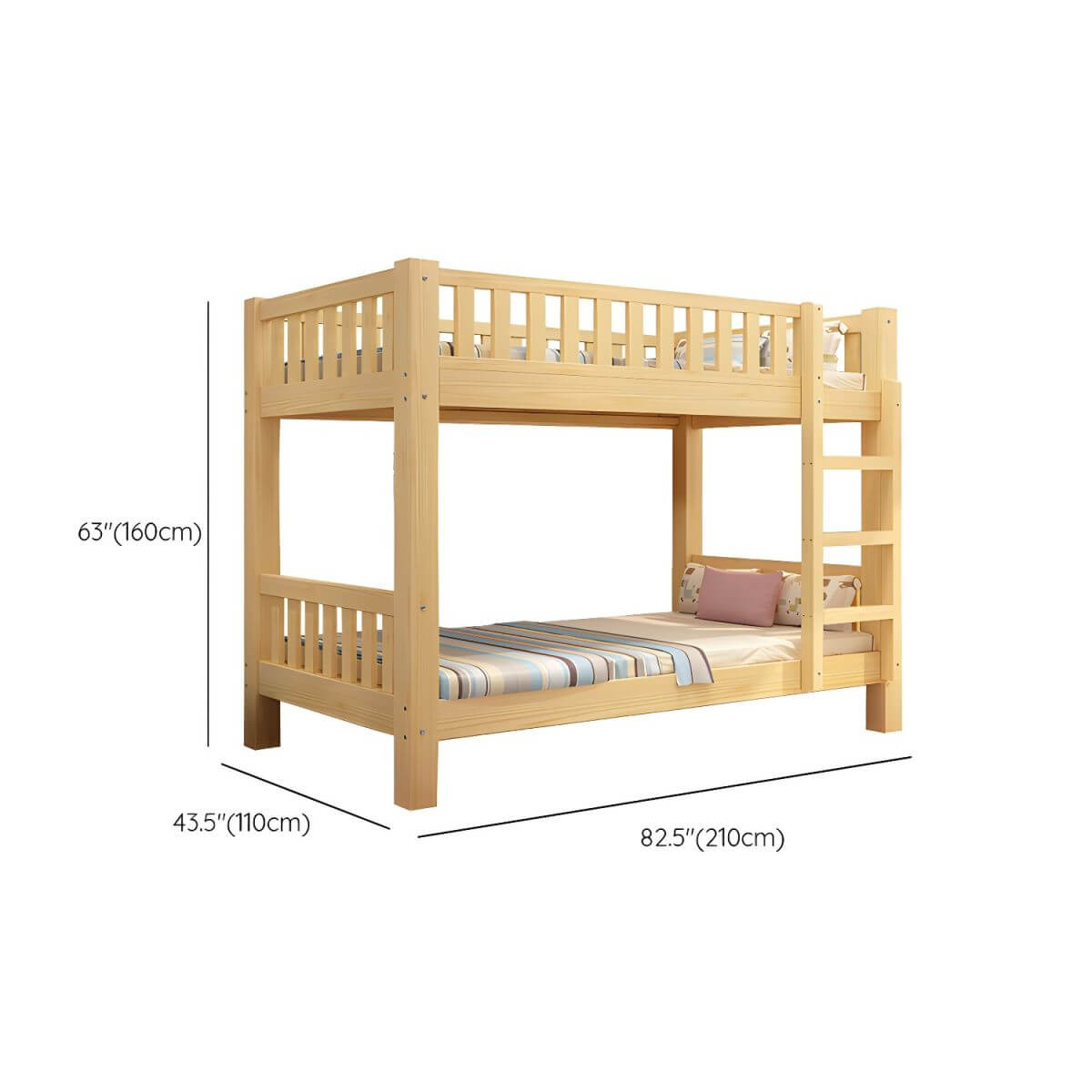 Modern Wood Bunk Bed with Ladder & Mattress, Natural Finish Dimensions