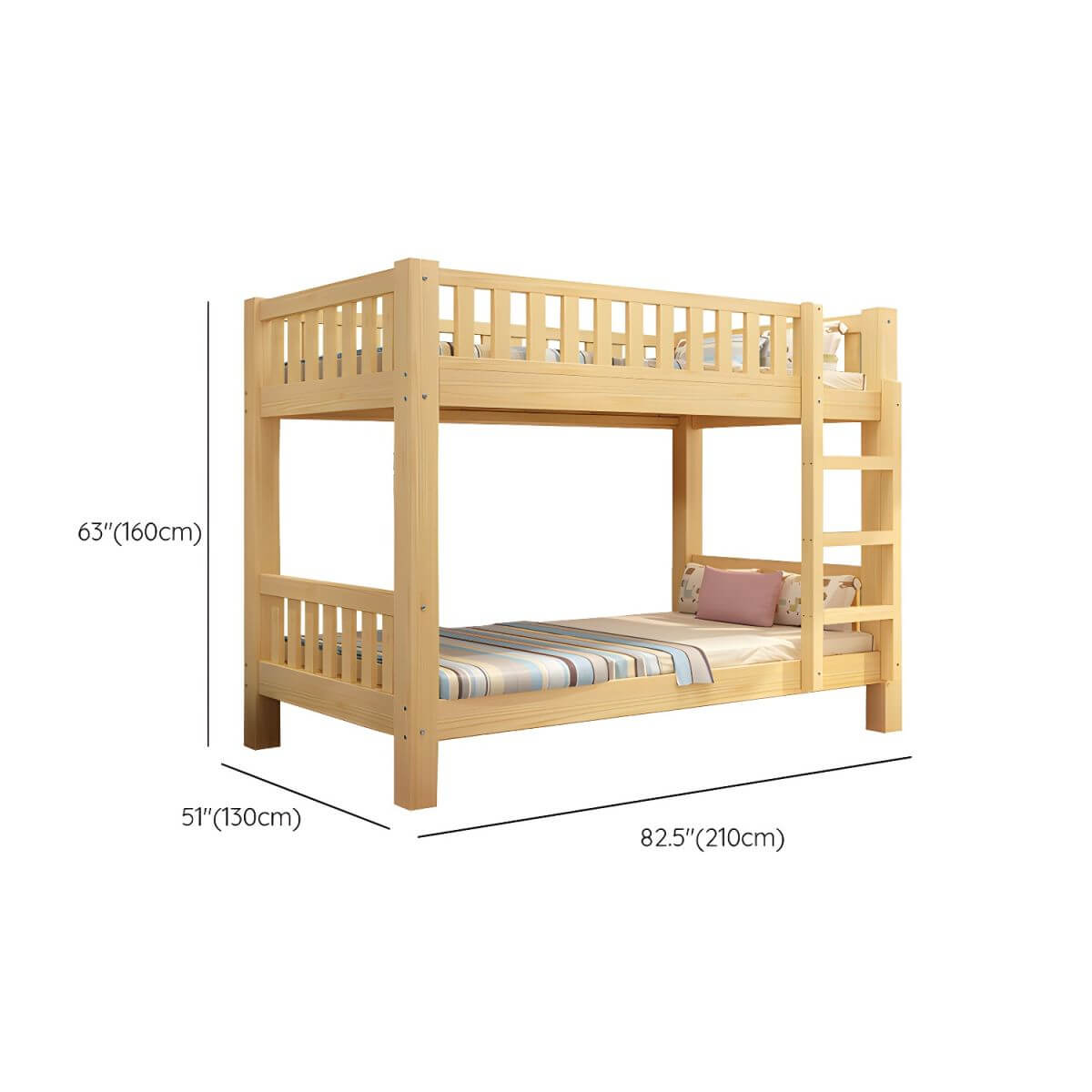 Modern Wood Bunk Bed with Ladder & Mattress, Natural Finish Dimensions
