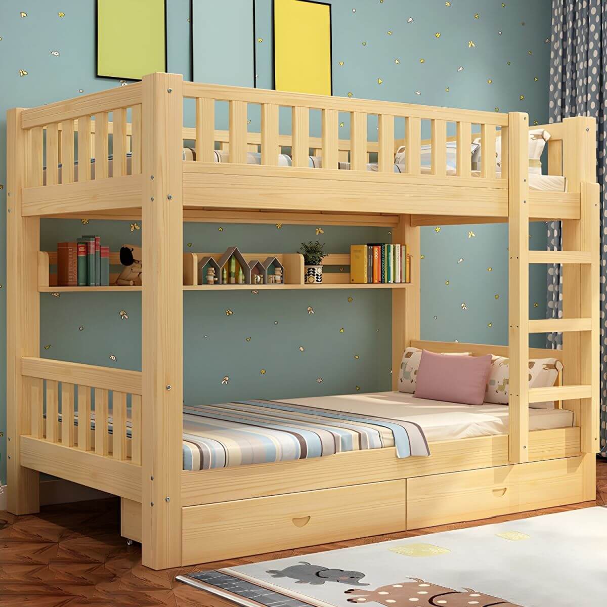 Modern Wood Bunk Bed with Ladder & Mattress, Natural Finish Main Product Image